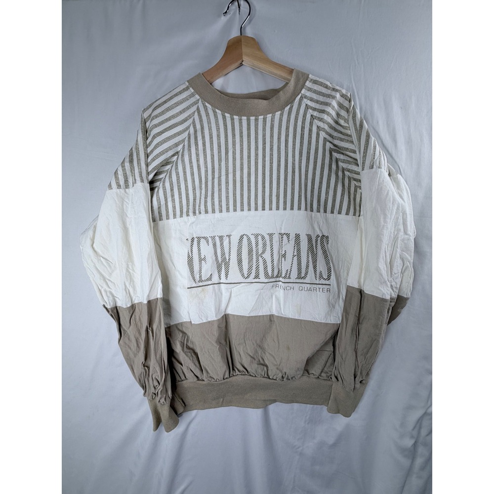 Quitman USA Pullover L Tan Vintage New Orleans French Quarter Striped Sweatshirt